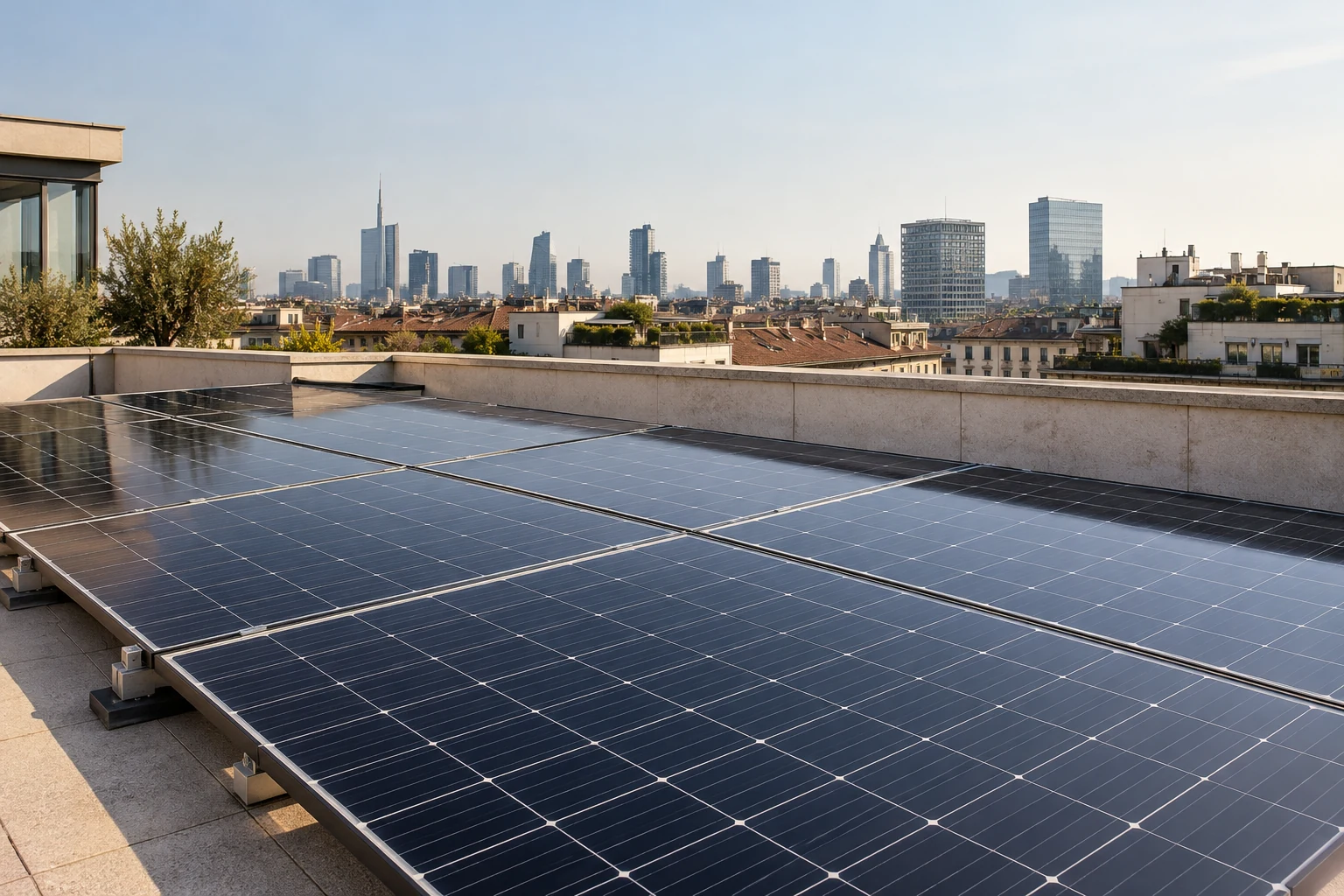 Pannelli fotovoltaici su una copertura urbana, immagine illustrativa