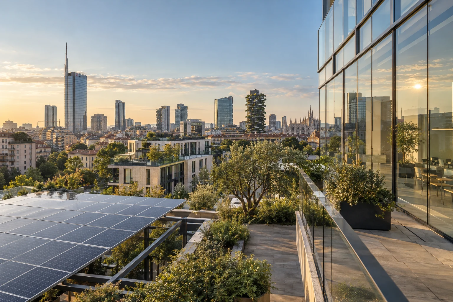 Paesaggio urbano ispirato a Milano con architettura aziendale e pannelli fotovoltaici, immagine illustrativa